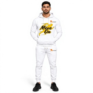 Ensemble jogging homme blanc avec capuche, imprimé Move On, en coton, décontracté, pour l'automne, deux pièces, avec fermeture éclair - Product Image 1