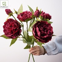 Nouveautés : Grande pivoine artificielle en latex blanc 72 cm à 3 têtes, toucher réel, couleur bordeaux, pour décoration d'automne, de table ou de mariage