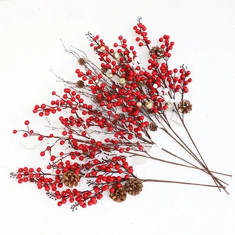 Baies en mousse artificielle avec feuille de pin et perle jaune fruits rouges et blancs branche de Simulation de plante à vapeur unique et de fourchette