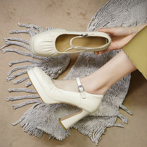 Zapatos de Tacón Alto con Plataforma y Pliegues Elegantes para Mujer, Primavera 2026, Cuero Genuino de Alta Calidad, Tacón Cuadrado de 10 cm, Calzado Femenino Nuevo - Product Image 3