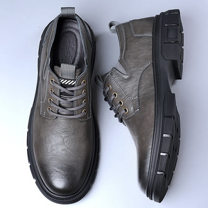 Chaussures en cuir décontractées pour hommes, bottes basses Martin en cuir de vachette à semelle souple, gris, noir, marron, couleur unie, lacets avant - Product Image 4