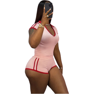 Casual Summer Tracksuit 2-Piece Set Women Polo Neck Zip Sporty Crop <b>Top</b> & Stretch Shorts Daily Simple Fashion Street Outfit - Product Image 1