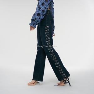 Jeans de Mezclilla para Mujer al por Mayor, Personalizados, Lavados, con Cordones Laterales, Jeans de Moda para Mujer - Product Image 2