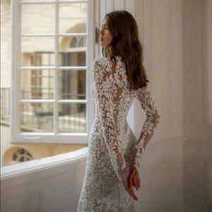 LY-WD0017 abiti da <span class=keywords><strong>sposa</strong></span> a maniche lunghe gonna a coda di pesce in pizzo pizzo a collo alto spazzola coda <span class=keywords><strong>Sexy</strong></span> elegante per le spose taglie forti - Product Image 3