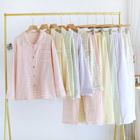 Ensemble de pyjama personnalisé en coton bulle tissé pour femme, taille élastique, manches longues fines, col à revers, printemps-automne, style doux d'été