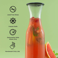 Carafe en verre transparente de 32 oz, 500 ml, 1 litre, ronde, pour servir des boissons, avec couvercle, pour bar à mimosa, brunch, eau froide, jus