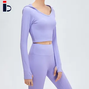 2023 Spring and Autumn New Rib Ladies Long Sleeve with Hood Cropped women casual Tops