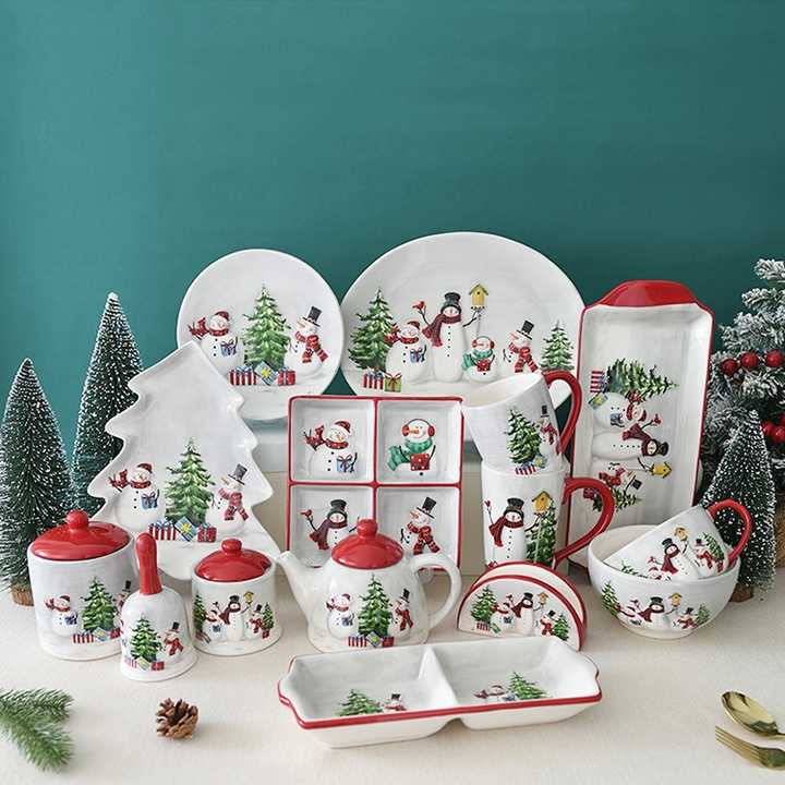 Wholesale Christmas Ceramic Tableware Dinner Plate Rice Bowl Mug Set Snack Dish Soup