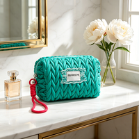 Pochette de maquillage matelassée turquoise, trousse de toilette de voyage, organiseur de cosmétiques, étui cadeau beauté personnalisé avec logo pour femmes