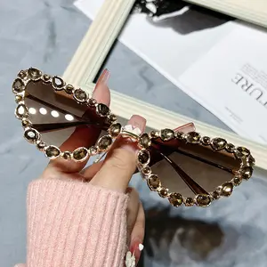 2024New Cat Eye Diamond Sunglasses Personalized All Metal Geometric Triangle Handmade Diamond Glasses Instagram Sunglasses