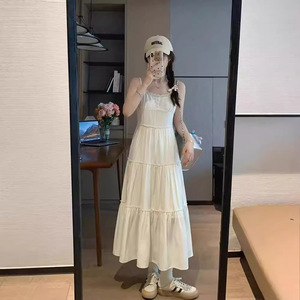 French Style Sweet Patchwork Suspender Dress Women Summer Beach Vacation Midi Length Square Neck Tight Waist Solid Color - Product Image 1