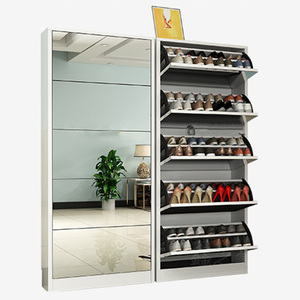 Maison moderne en bois avec miroir économiseur d'espace mince armoire à chaussures simple étagère à chaussures avec portes en verre - Product Image 6