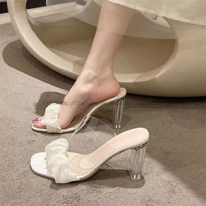New Korean Fashion Square Head High Heels - Flip-flops Slippers Female Summer Outside Wear Pu Outsole Heeled <b>Sandals</b> - Product Image 1