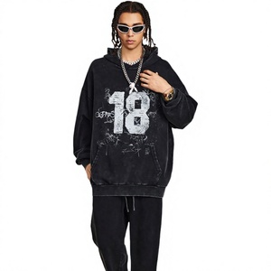 Sweat à capuche tendance automne pour homme 380G, style rétro américain, délavé, 100% coton, imprimé numérique, doublé - Product Image 1