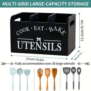 Boîte à couverts en bois rustique à 3 compartiments, support pour ustensiles de cuisine, rangement pour fourchettes, cuillères, spatules - Product Image 5