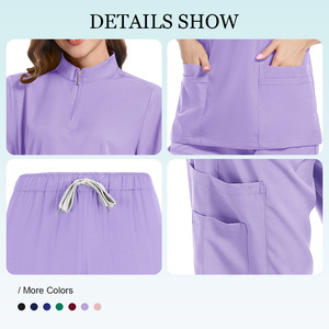 Women Scrub Set Stand Up Collar Zippered Top Pants Moisture Wicking Medical Nursing Uniform Split Set 95 Polyester 5 Spandex - Product Image 4