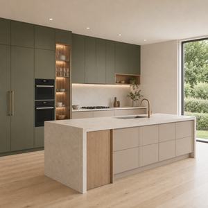 Armoires de <span class=keywords><strong>cuisine</strong></span> modernes sur mesure <span class=keywords><strong>vert</strong></span> <span class=keywords><strong>olive</strong></span> avec grand îlot, étagères à éclairage LED et appareils électroménagers intégrés pour maisons de luxe - Product Image 1