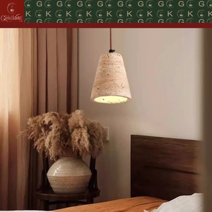 Lampe de chevet pour chambre à coucher, <span class=keywords><strong>luminaire</strong></span> en travertin beige naturel, forme de cloche, cordon en cuir marron, OEM ODM - Product Image 4