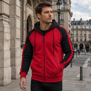 Custom <b>Men's</b> Zip Up Hoodie Red Black Fleece Casual Long Sleeve Hooded <b>Sweatshirt</b> Regular Fit - Product Image 2