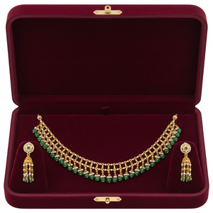 Gold Tone Choker Necklace <b>Set</b> with Green <b>Beaded</b> Fringe, Pearl Accents and Elegant Long Dangle Earrings Ethnic Design - Product Image 1