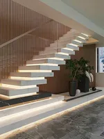 Escaliers flottants modernes en verre avec marches en bois massif, éclairage LED intégré et poutre invisible
