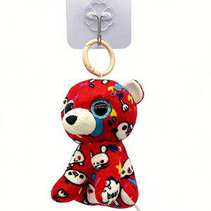 Customized Soft plush bear teething toy wooden <b>ring</b> stroller hanging sensory toy for infants, Red bear plush <b>keyring</b> - Product Image 2