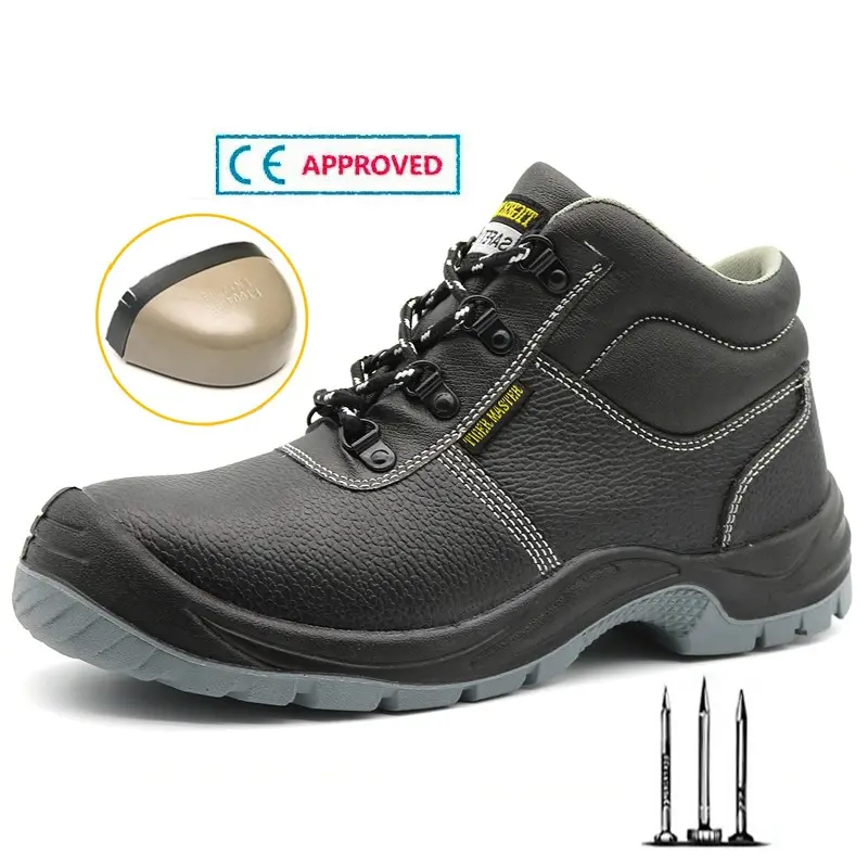 Oil and slip resistant PU sole black leather puncture proof steel toe economic industrial safety shoes with ce certificate