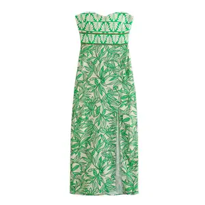 Robe midi modeste sans bretelles sans manches fendue devant couleur verte imprimé floral mode décontractée pour femmes