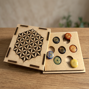 Natural 7 <b>Chakra</b> Agate Through-Carved Reiki Healing Stone <b>Set</b> with Reiki Symbol Packed in Wooden Box - Product Image 1