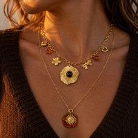 Collier superposé plaqué or 18 carats pour femme, pendentif vintage fleur de soleil, breloques cœur et nœud en résine ambrée, bijoux bohèmes, cadeau