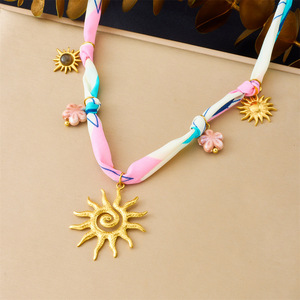 Floral Sun Pendant Necklace Tie Dye Fabric Knotted Chain Gold Plated Tiger Eye Stone Party Fashion Jewelry - Product Image 1
