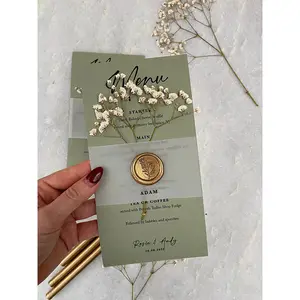 Hot Sale Party Decoration Sage Green Gypsophila Wedding Menu Card With Gold Wax Seal