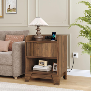 Mesita de Noche Moderna con Ranuras para Cargar, Mesa Auxiliar de <span class=keywords><strong>Madera</strong></span> para Dormitorio - Product Image 2
