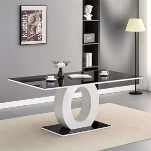 Mesa de comedor de vidrio templado de alto brillo moderno, juego de 6 sillas, venta al por mayor, mesa rectangular pintada en negro de MDF, cena con Base circular - Product Image 6