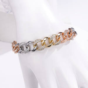 Proveedor de Joyería CM Joyeria Pulsera de Cadena Cubana Chapada en Oro de Alta Calidad para Mujer Pulsera Tricolor de Moda con Circonitas - Product Image 3