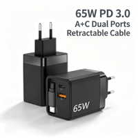 Chargeur GaN rapide 65W avec câble rétractable PD 3.0 USB C double port pour ordinateur portable, voyage, OTP, OVP, OCP, tout neuf