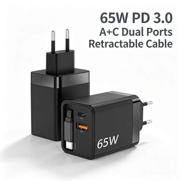 65W Fast GaN Charger with Retractable Cable PD 3.0 USB C Dual Port for Laptop Travel OTP OVP OCP Brand New