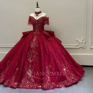 XS306 <b>Glitter</b> <b>Red</b> Off Shoulder Sequined Beaded Party Women's Quinceanera Evening Gowns Dresses - Product Image 2