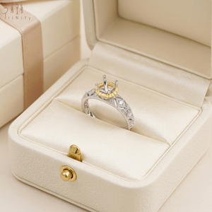 Nouveautés : Bague semi-montée artisanale en dentelle antique avec diamants naturels véritables, en or massif 18 carats blanc et jaune - Product Image 6
