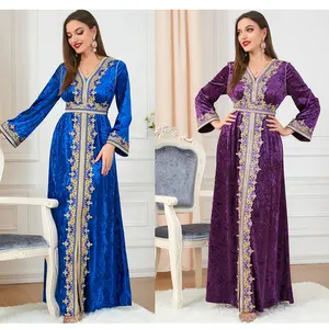 Luxus Stickerei Damen samt langes Kleid muslimisch arabisch Abaya islamischer Kaftan Dubai Maxi-Kleid Mittlerer Osten Abendmarokkanisches Kleid