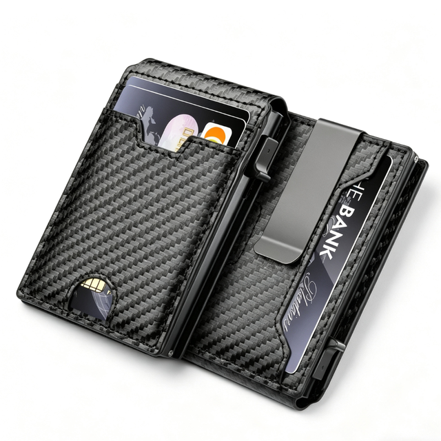 RFID Pop up Quick Access Aluminum Metal Card Holder Wallet Mens Leather Wallet RFID Wallet Business Credit Leather Card Holder