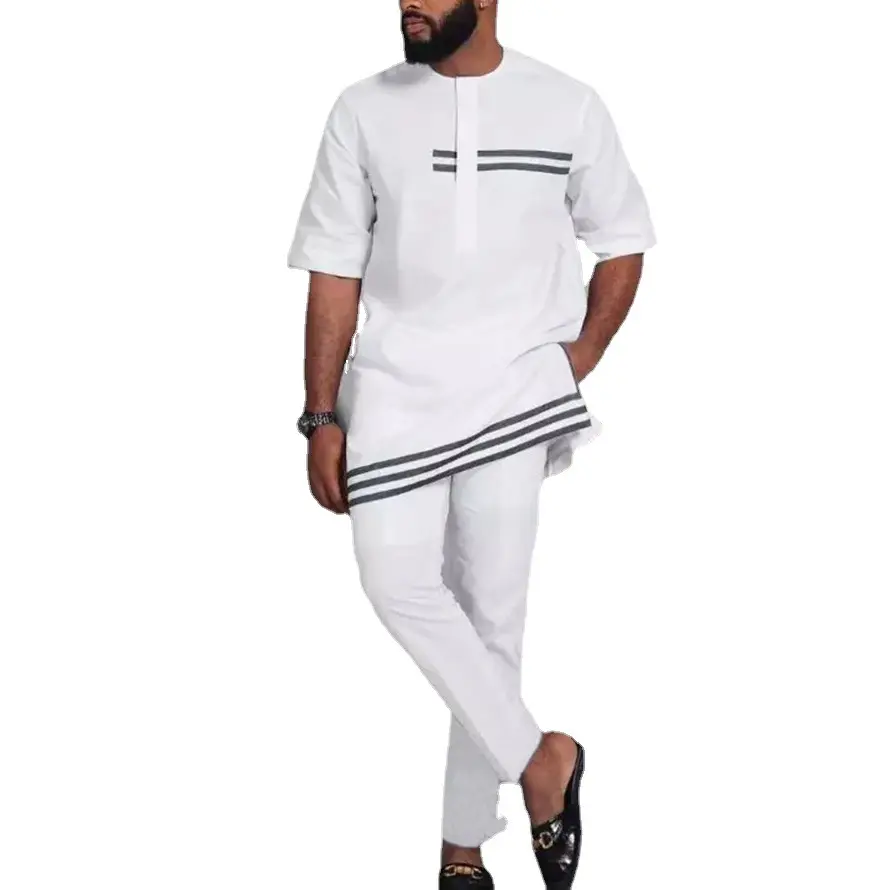 2023 Dashiki African Summer Men Set 2 pezzi Outfit White Fashion African Men abiti tradizionali camicia a maniche corte con pantaloni