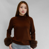 Pull en cachemire doux pour femme avec manchettes en fourrure de renard marron, nouveau design Tyan, vente en gros, très populaire
