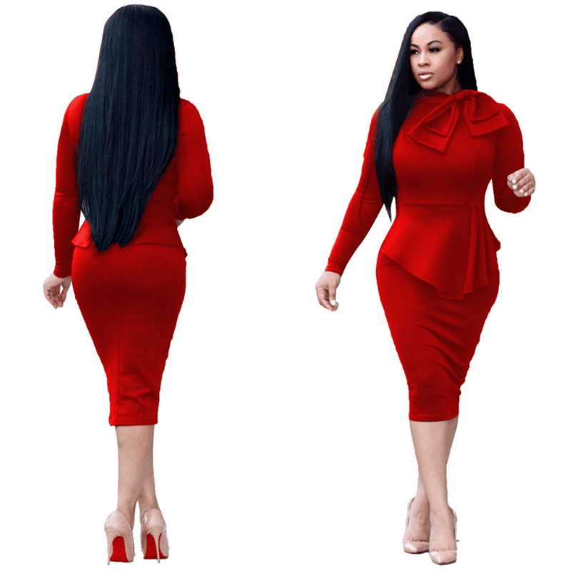 Solid Bow Slim Ladies Official Wear Office Dresses Women Formal