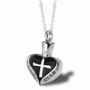 Collar con colgante de urna en forma de cruz de corazón de acero inoxidable con circonita, recuerdo conmemorativo, kit de embudo para servicios funerarios budistas - Product Image 3