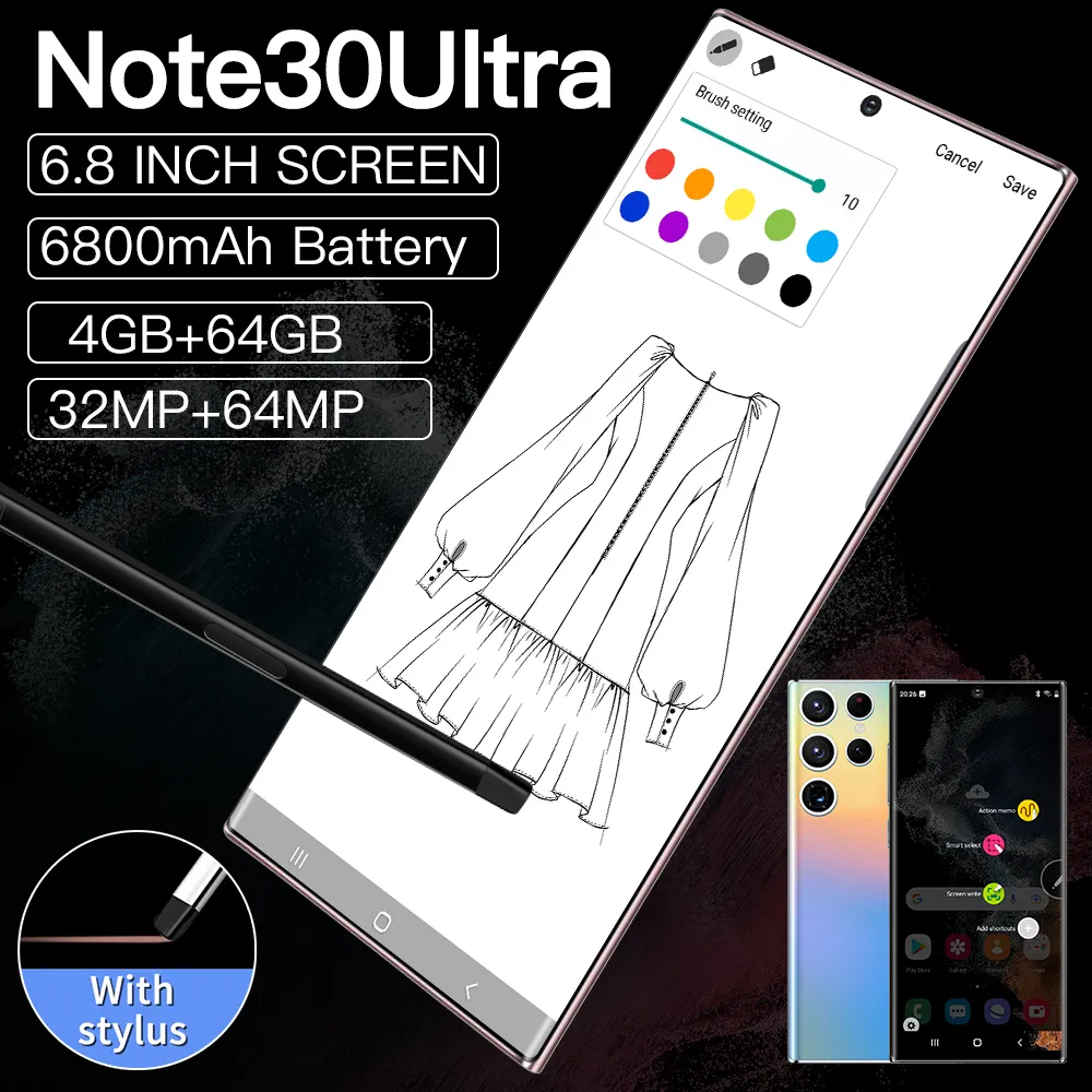 Note30Ultra (L663) 到着6.8インチ大画面HDフルタッチスマートフォン、スタイラスオリジナルNote30Ultra携帯電話