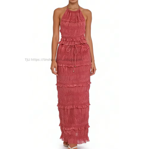 Women's Halter Neck 2 Piece Set - Tiered Ruffle Maxi Skirt & <b>Crop</b> <b>Top</b> With Shimmer Detail Fashion - Product Image 3