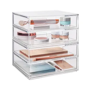 ODM制作的透明亚克力化妆盒，带4个抽屉可堆叠的Lucite化妆盒，包括双抽屉单元