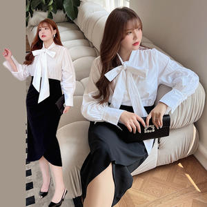 Camisa de Popelina de Algodón Blanca para Mujer Talla Grande, Cuello Camisero, Mangas Farol, Color Sólido, Blusa de Oficina N8293 - Product Image 4