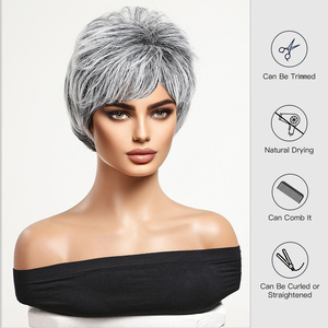 Grigio nero nonna capelli corti Pixie Bob sintetica parrucca a strati frangia resistente alle alte Temperature in fibra reale foto - Product Image 3